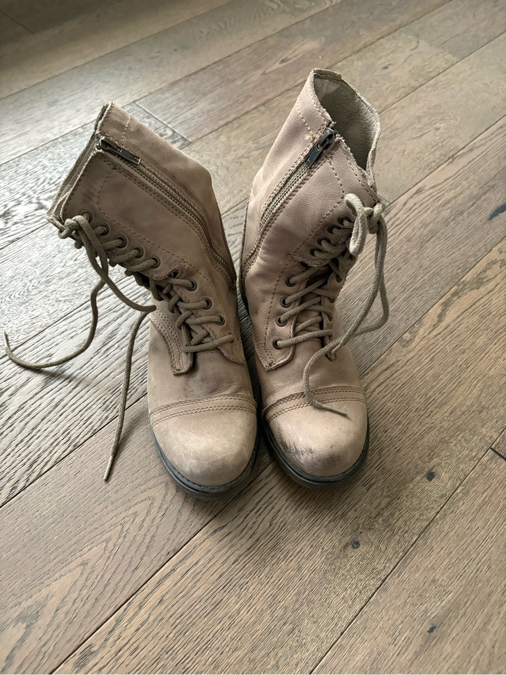 Steve Madden Women’s Lace-Up Side-Zip Combat Boots in Tan